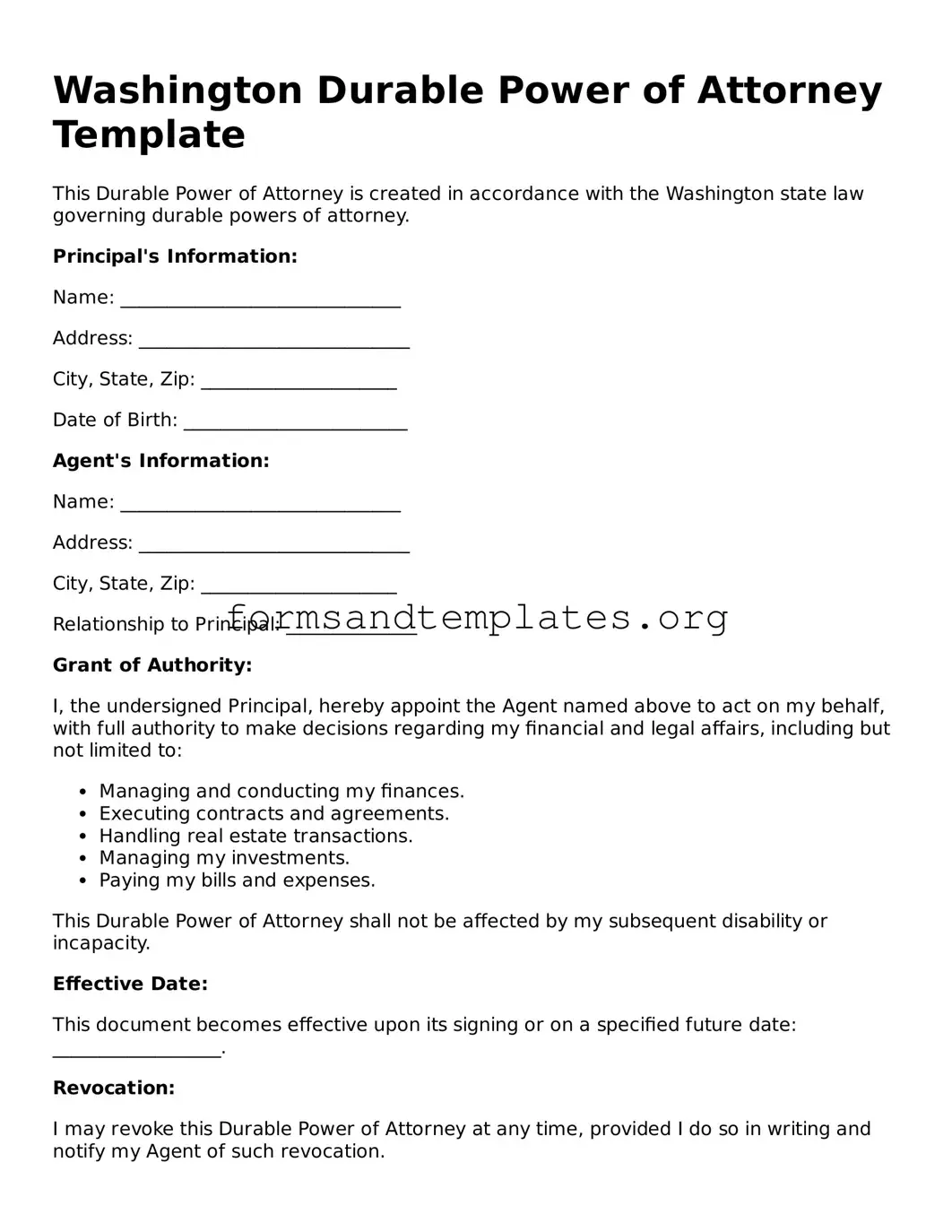 Durable Power of Attorney Template for the State of Washington