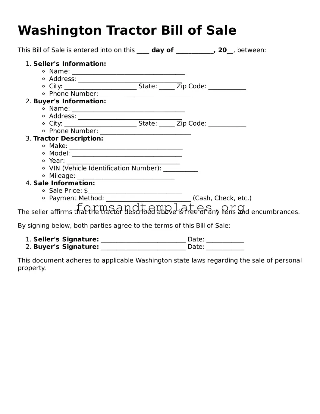 Tractor Bill of Sale Template for the State of Washington