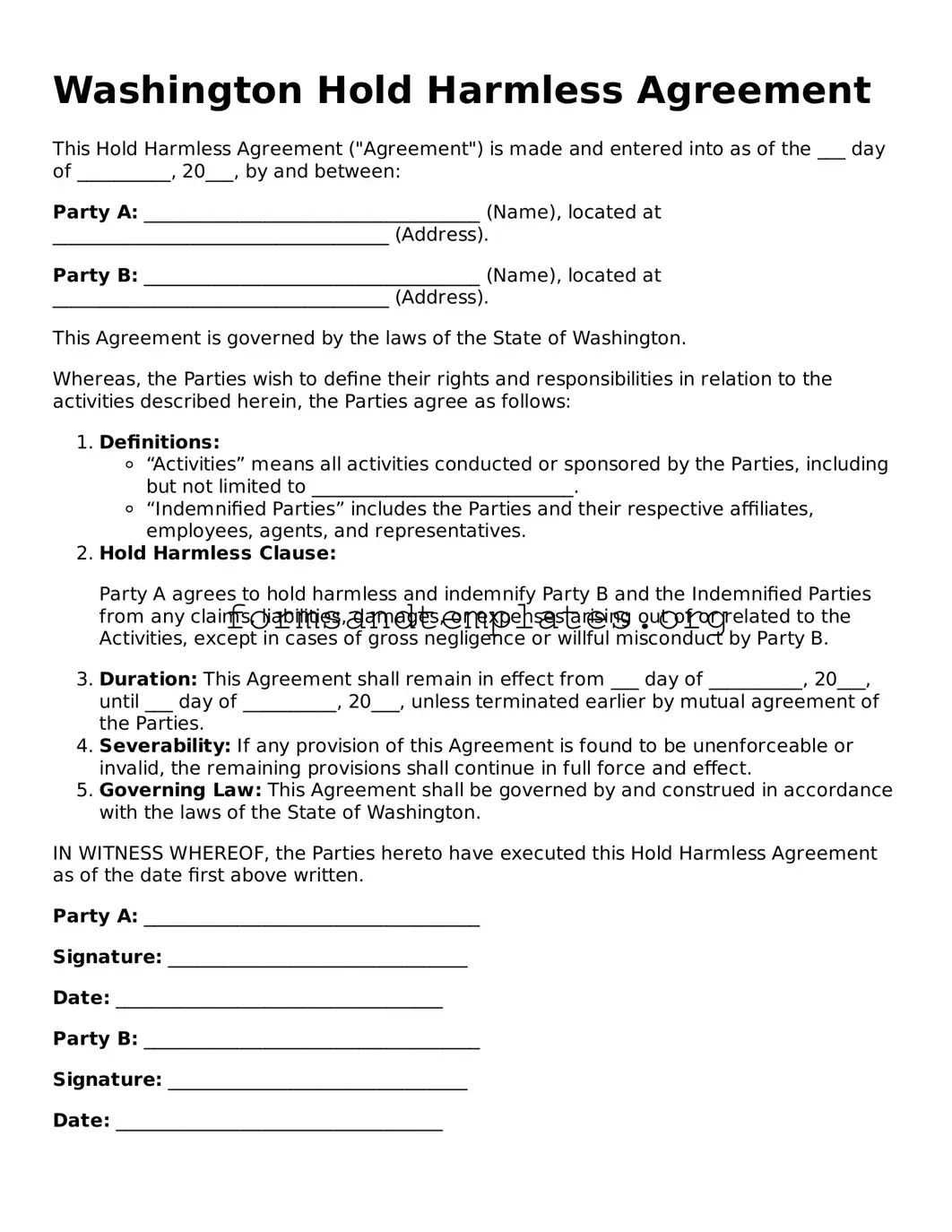Hold Harmless Agreement Template for the State of Washington