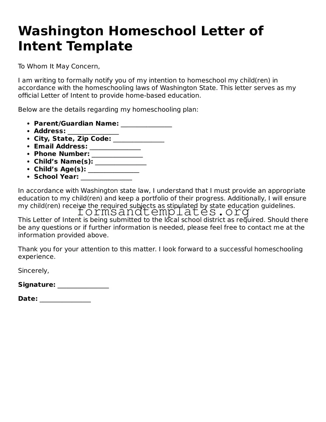 Homeschool Letter of Intent Template for the State of Washington