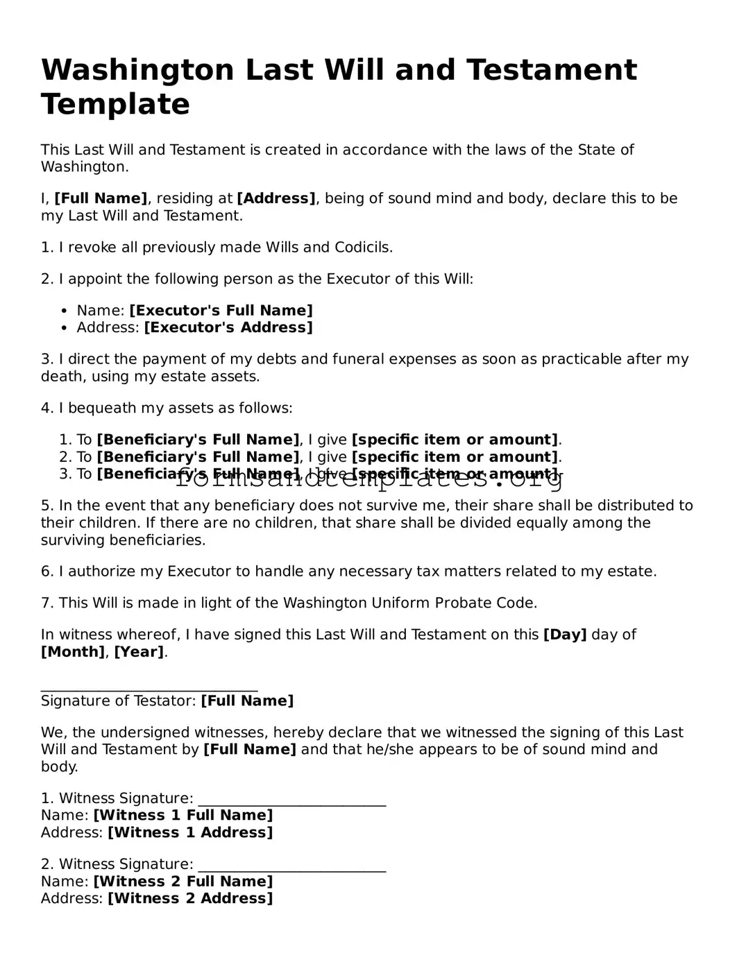 Last Will and Testament Template for the State of Washington