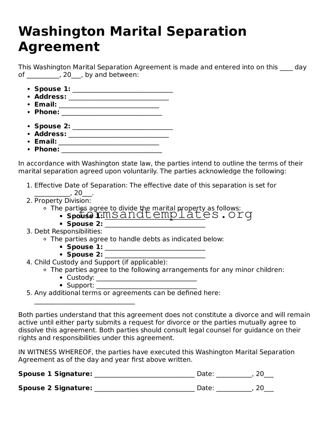 Marital Separation Agreement Template for the State of Washington