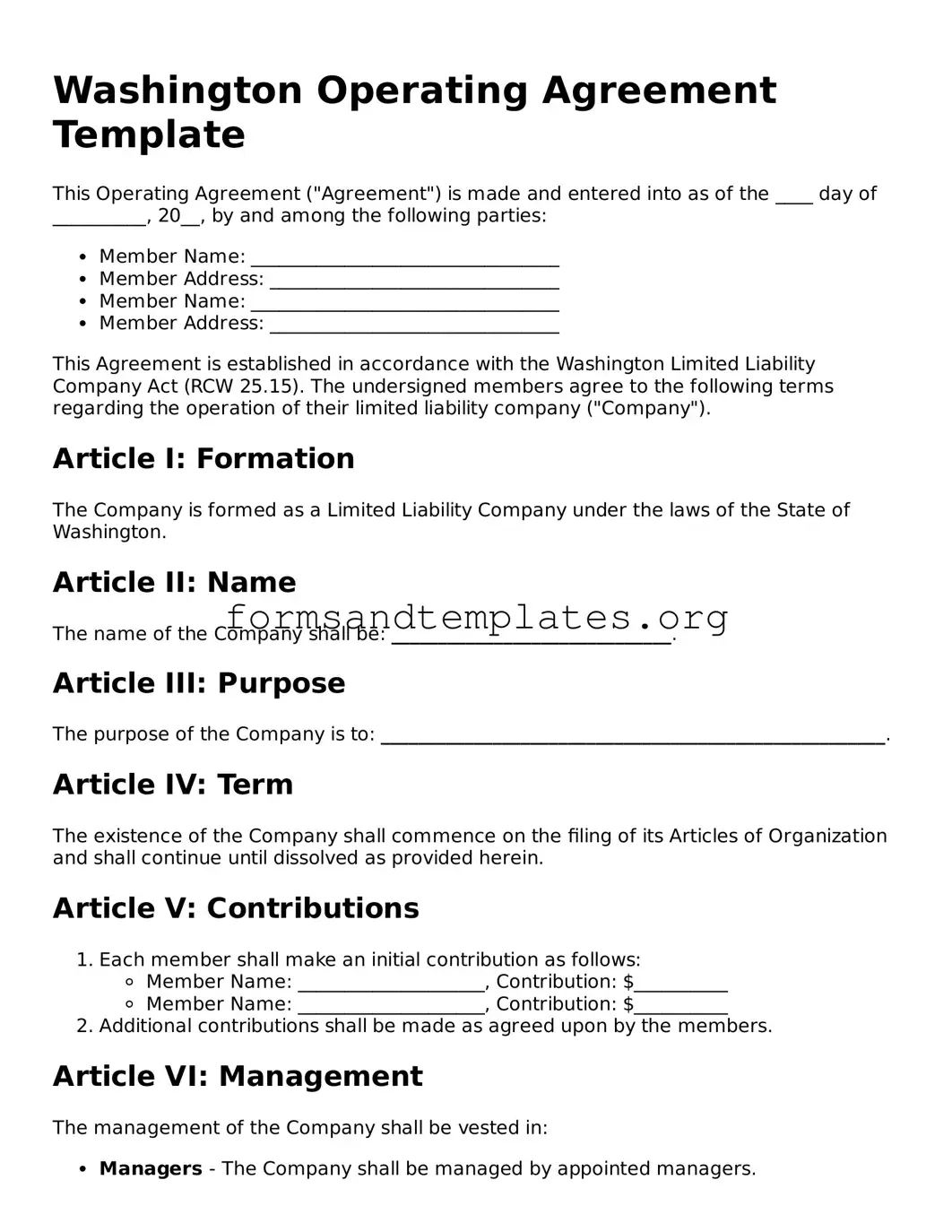Operating Agreement Template for the State of Washington