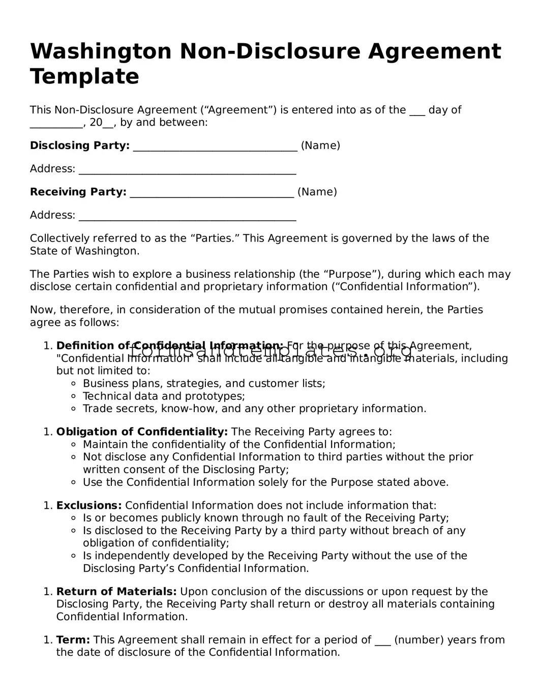 Non-disclosure Agreement Template for the State of Washington