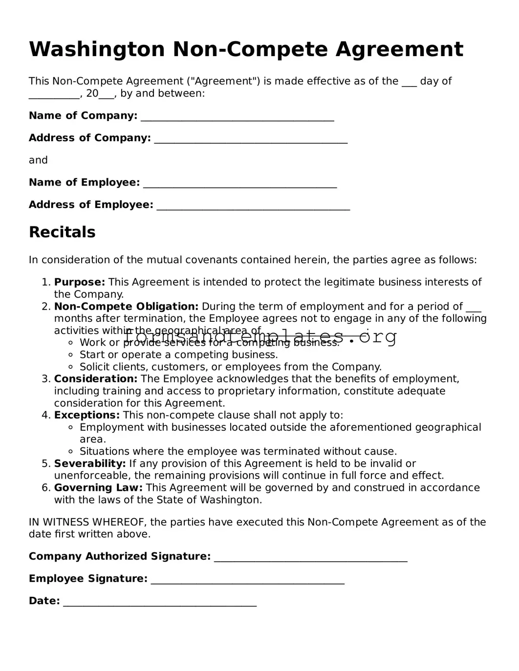 Non-compete Agreement Template for the State of Washington