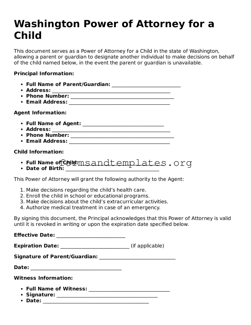 Power of Attorney for a Child Template for the State of Washington