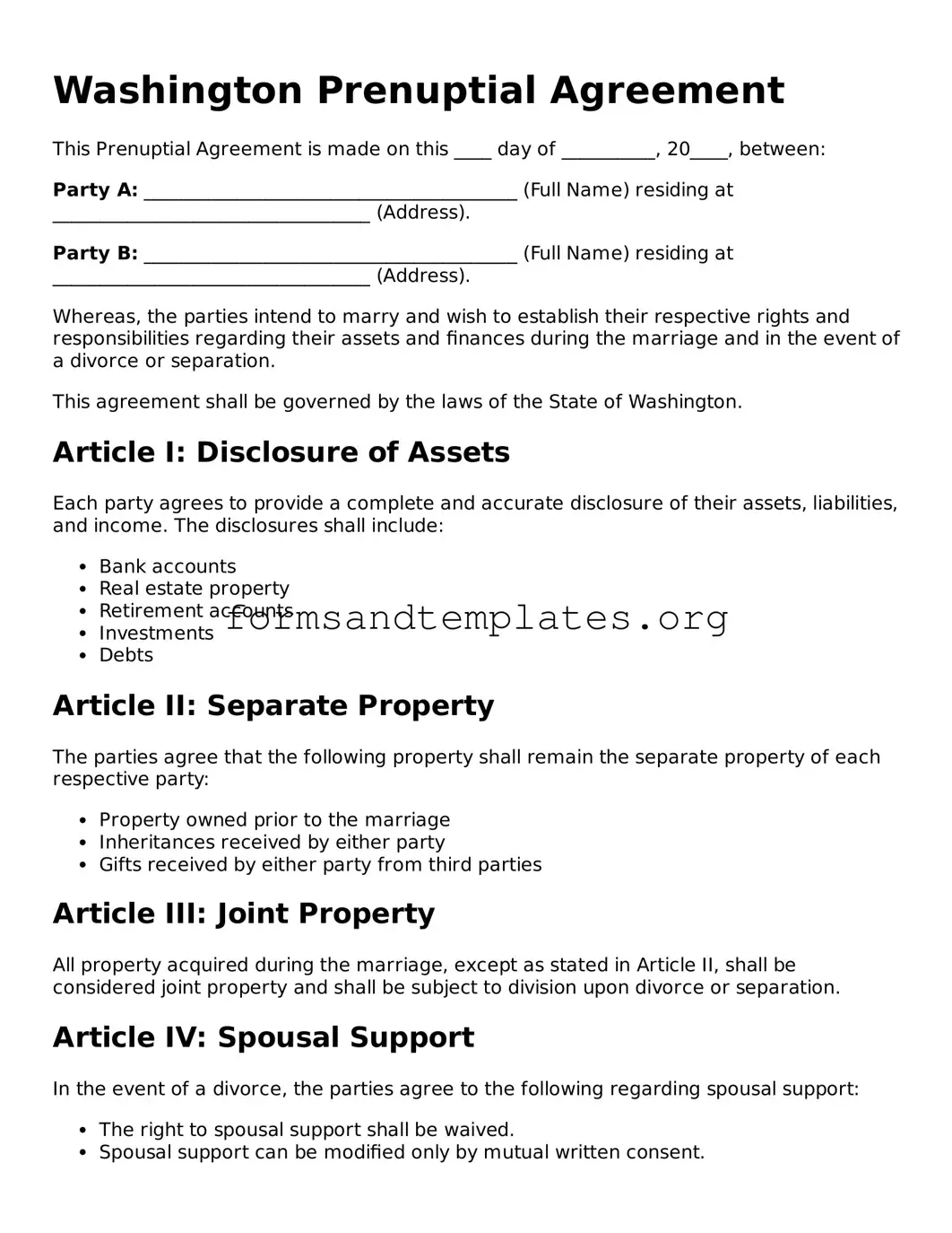 Prenuptial Agreement Template for the State of Washington