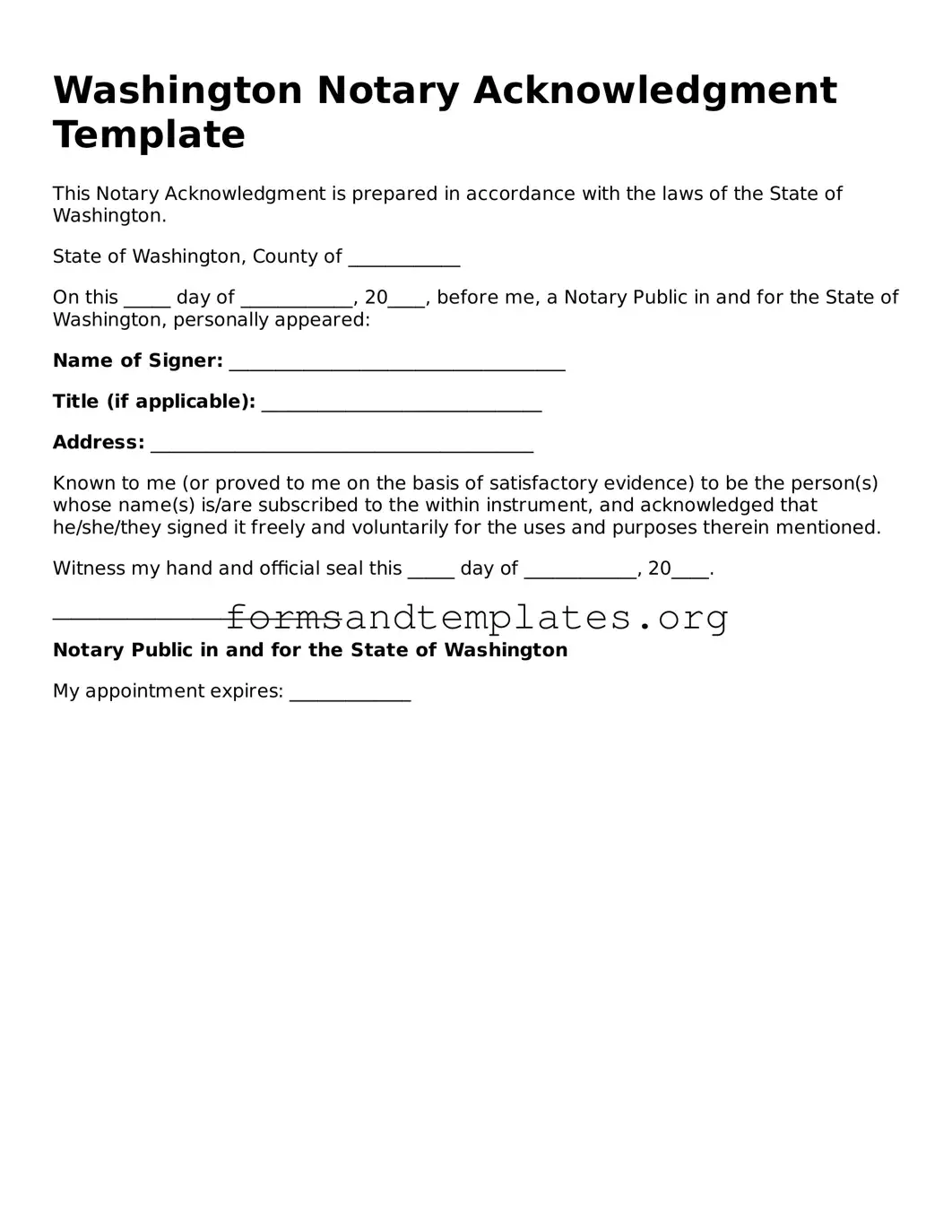 Notary Acknowledgement Template for the State of Washington