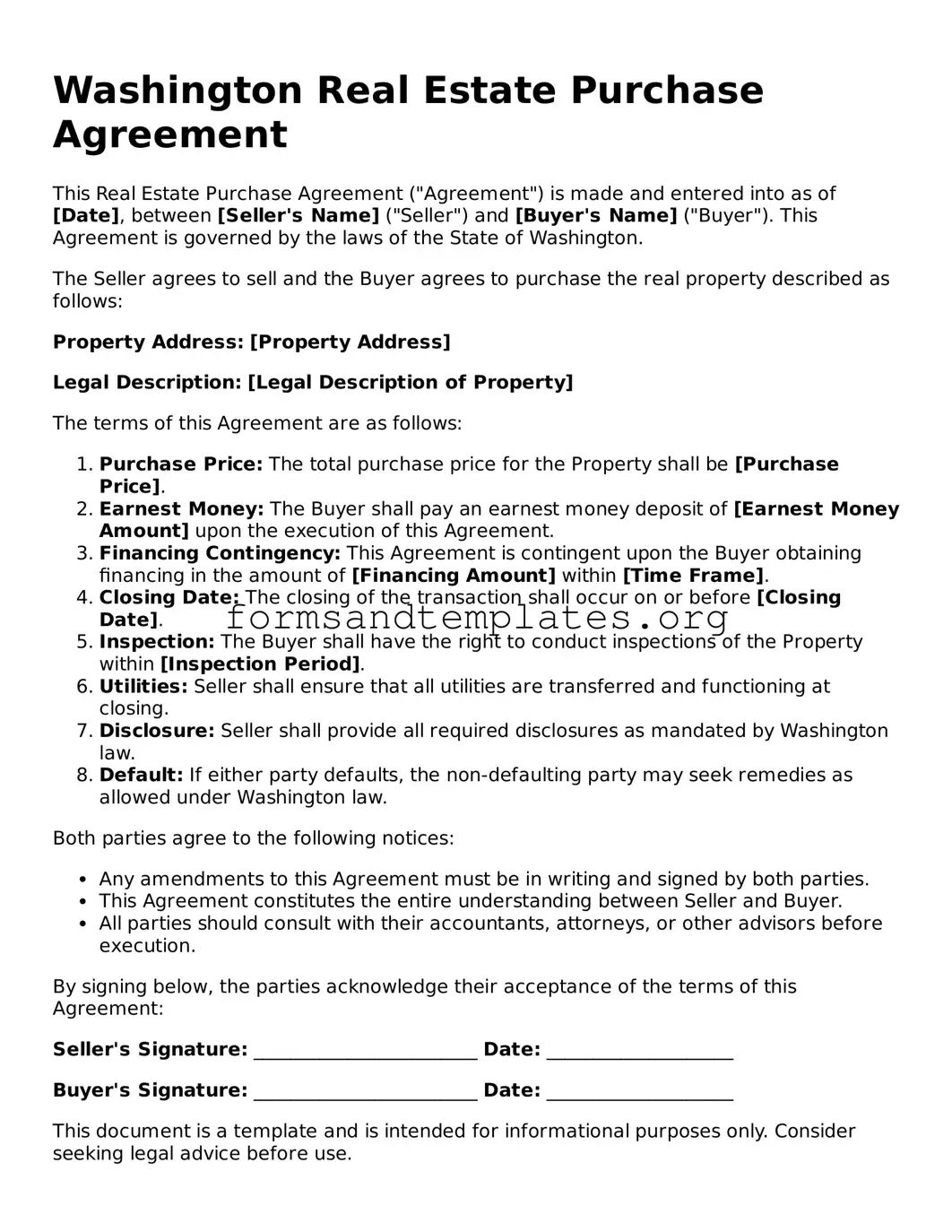 Real Estate Purchase Agreement Template for the State of Washington