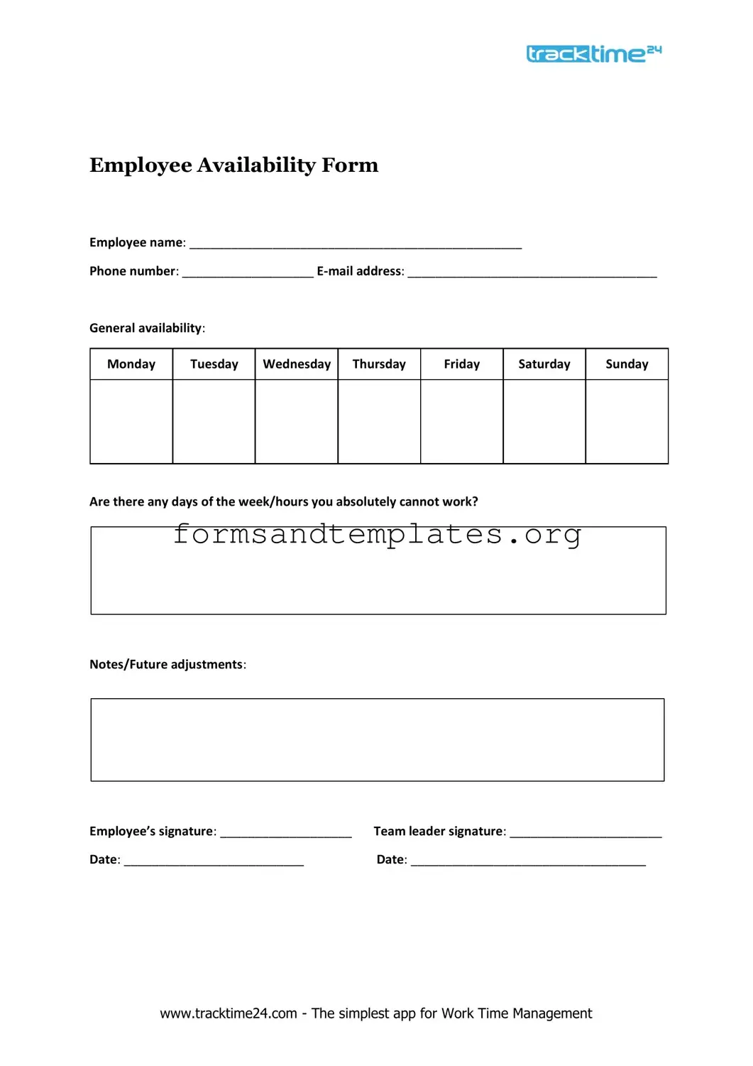 Printable Employee Availability Template