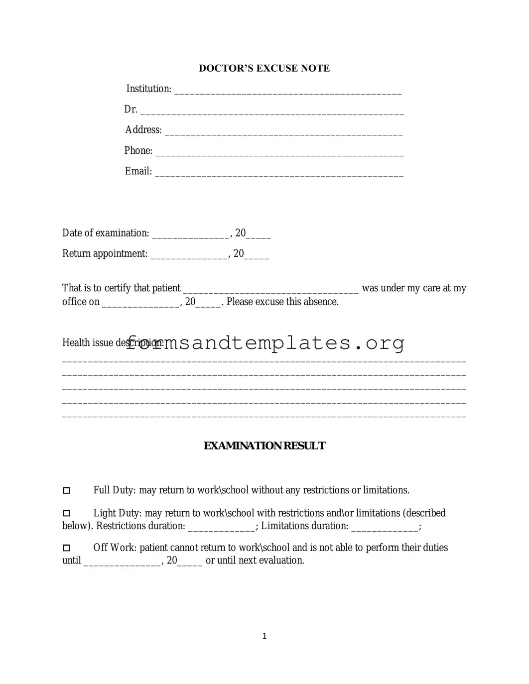 Printable Doctors Excuse Note Template