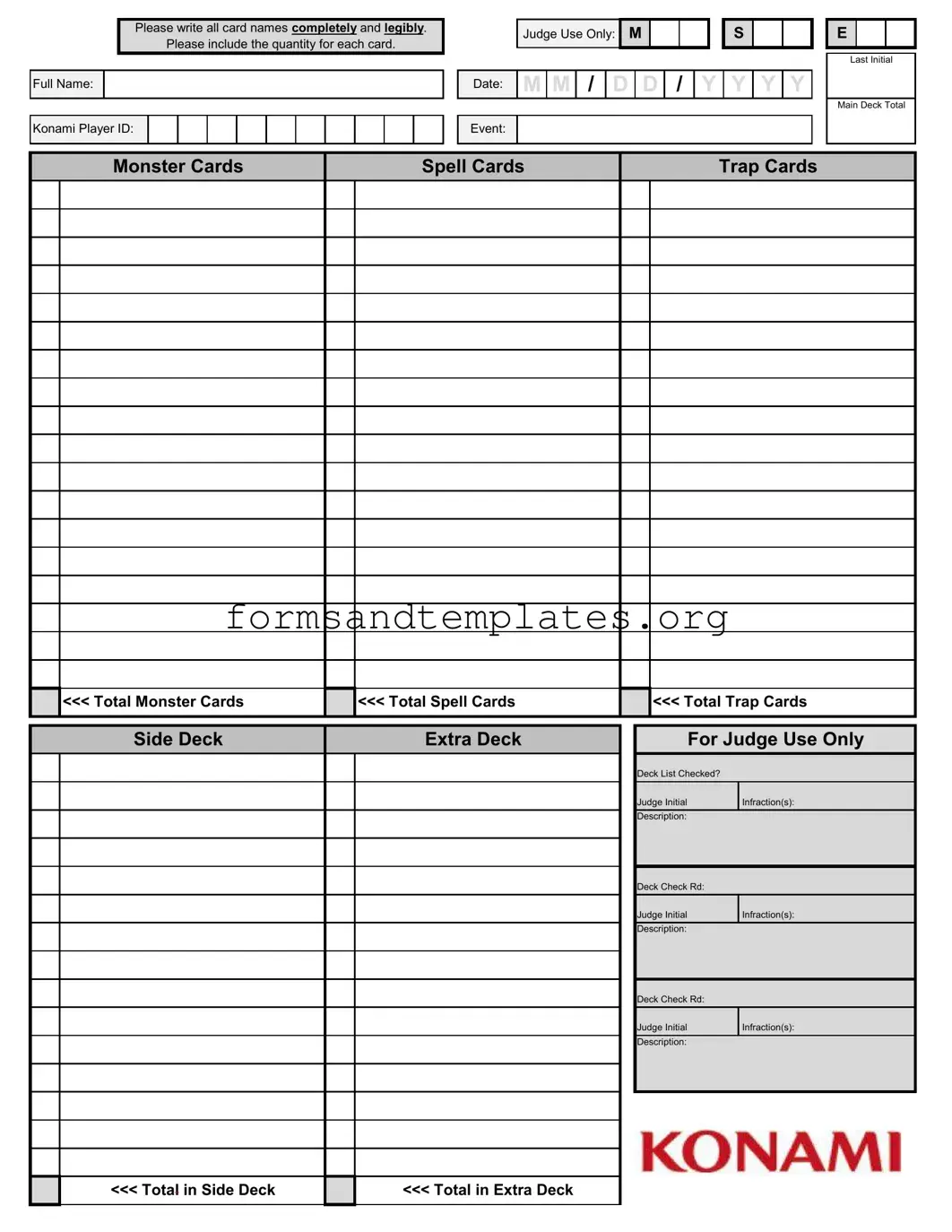 Printable Konami Decklist Template